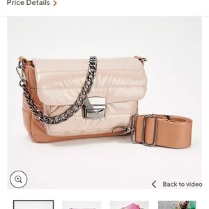 Quilted Crossbody Bag with Chain and Webbing Strap - Cream & Tan